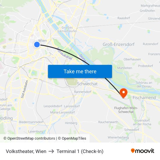 Volkstheater, Wien to Terminal 1 (Check-In) map