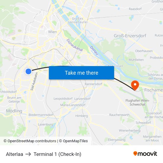 Alterlaa to Terminal 1 (Check-In) map