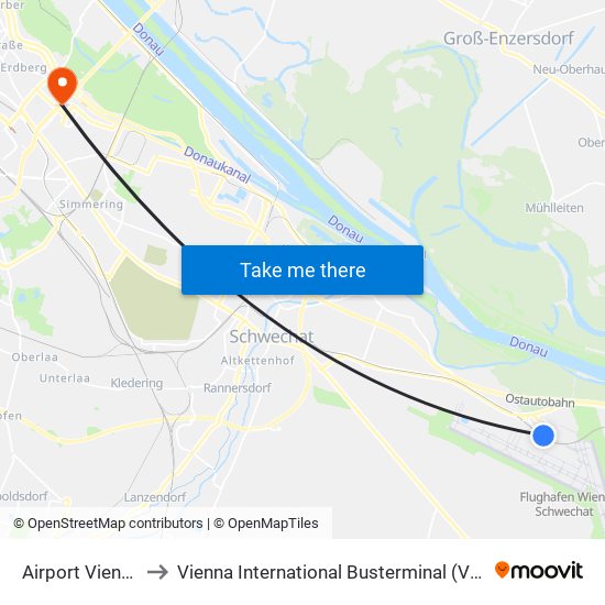 Airport Vienna to Vienna International Busterminal (Vib) map