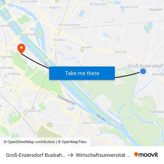 Groß-Enzersdorf Busbahnhof to Wirtschaftsuniversität Wien map