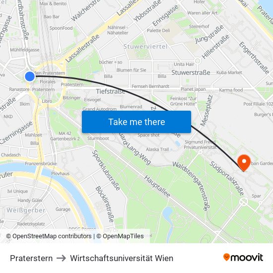 Praterstern to Wirtschaftsuniversität Wien map