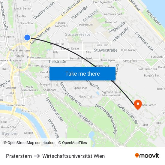 Praterstern to Wirtschaftsuniversität Wien map