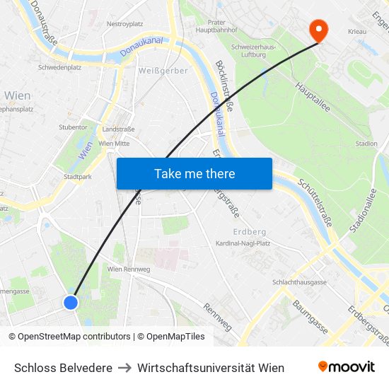 Schloss Belvedere to Wirtschaftsuniversität Wien map