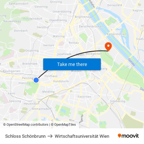 Schloss Schönbrunn to Wirtschaftsuniversität Wien map