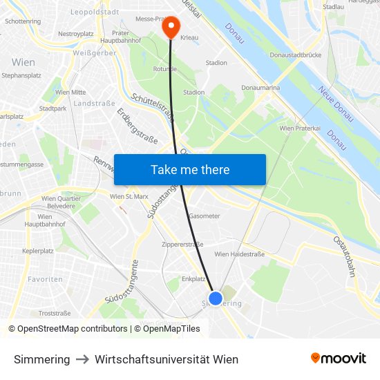 Simmering to Wirtschaftsuniversität Wien map