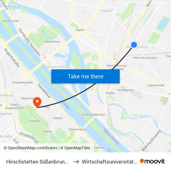 Hirschstetten Süßenbrunner Str. to Wirtschaftsuniversität Wien map