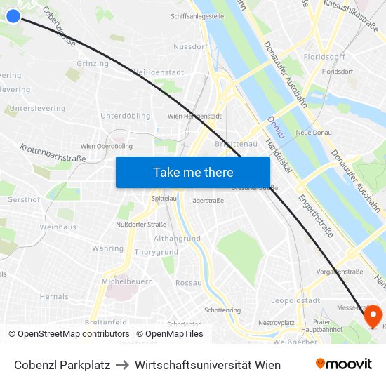 Cobenzl Parkplatz to Wirtschaftsuniversität Wien map