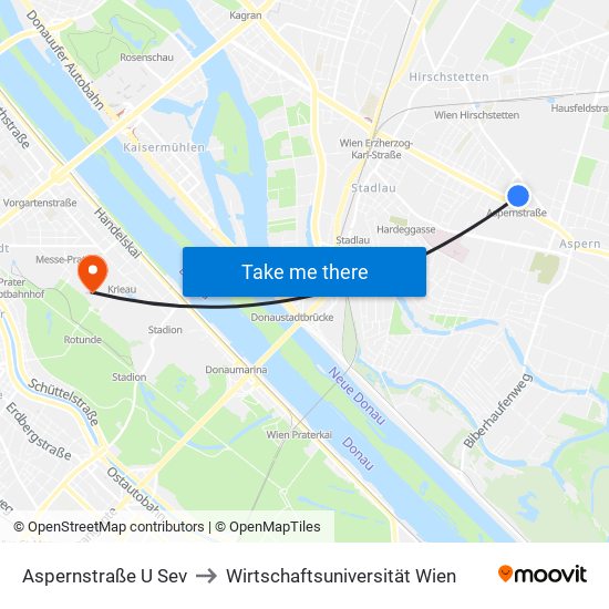 Aspernstraße U Sev to Wirtschaftsuniversität Wien map
