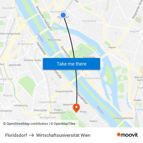 Floridsdorf to Wirtschaftsuniversität Wien map