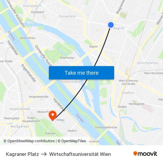 Kagraner Platz to Wirtschaftsuniversität Wien map
