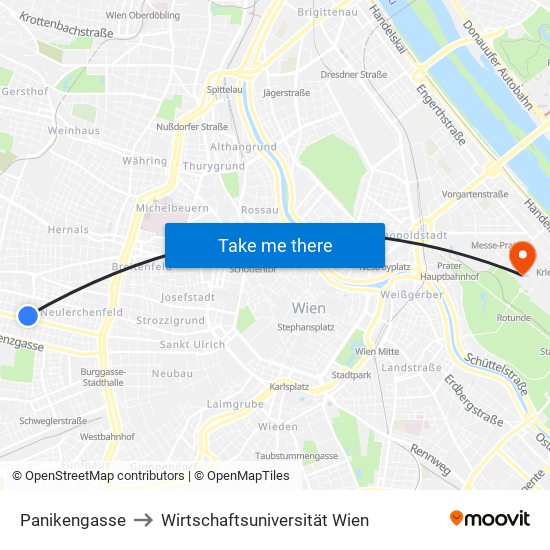 Panikengasse to Wirtschaftsuniversität Wien map
