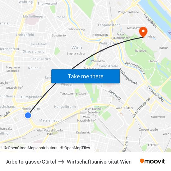 Arbeitergasse/Gürtel to Wirtschaftsuniversität Wien map
