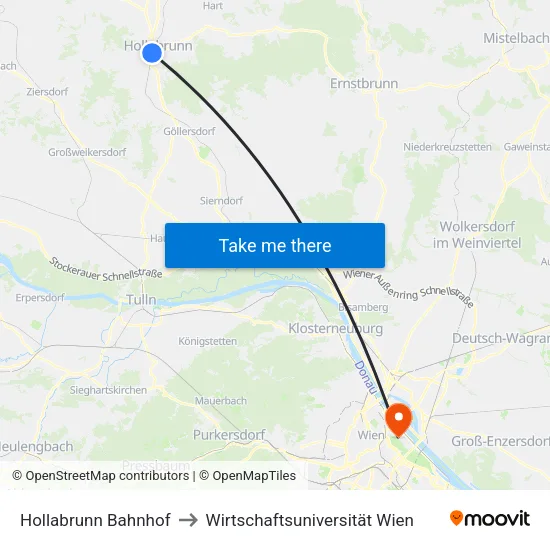 Hollabrunn Bahnhof to Wirtschaftsuniversität Wien map