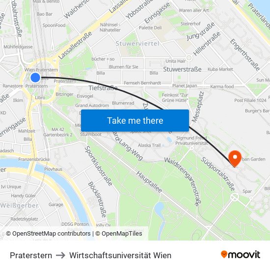 Praterstern to Wirtschaftsuniversität Wien map