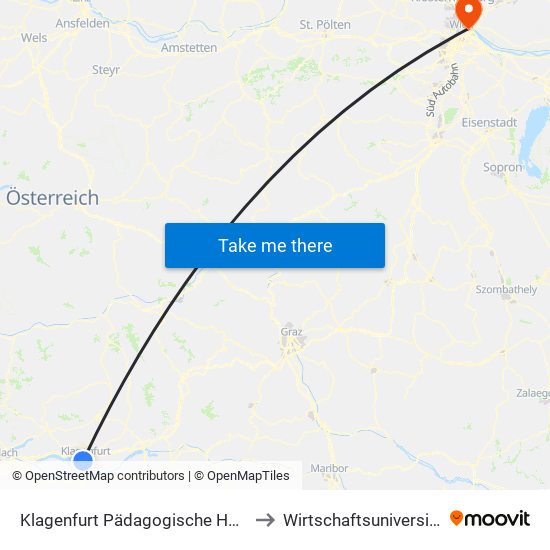 Klagenfurt Pädagogische Hochschule 2 to Wirtschaftsuniversität Wien map