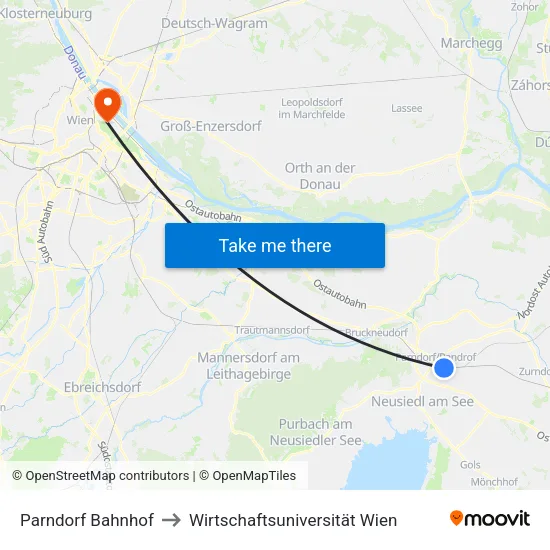 Parndorf Bahnhof to Wirtschaftsuniversität Wien map
