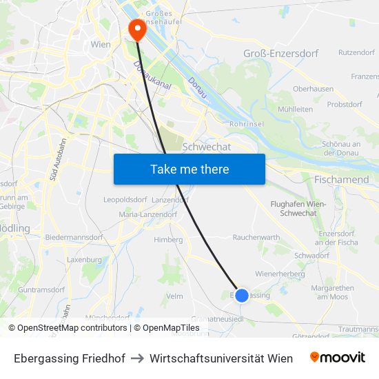 Ebergassing Friedhof to Wirtschaftsuniversität Wien map