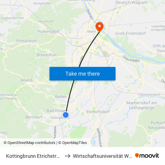 Kottingbrunn Etrichstraße to Wirtschaftsuniversität Wien map