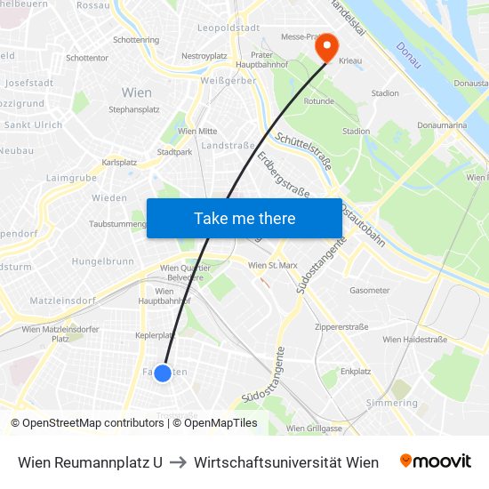 Wien Reumannplatz to Wirtschaftsuniversität Wien map