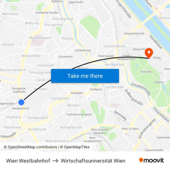 Wien Westbahnhof to Wirtschaftsuniversität Wien map