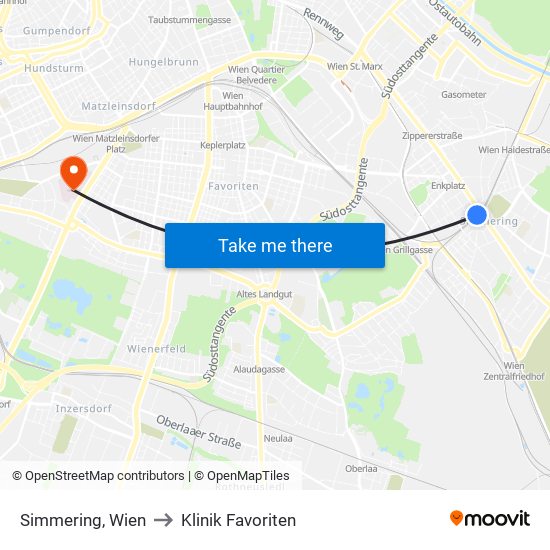 Simmering, Wien to Klinik Favoriten map