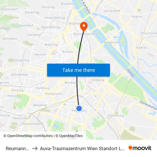 Reumannplatz to Auva-Traumazentrum Wien Standort Lorenz Böhler map