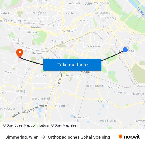 Simmering, Wien to Orthopädisches Spital Speising map
