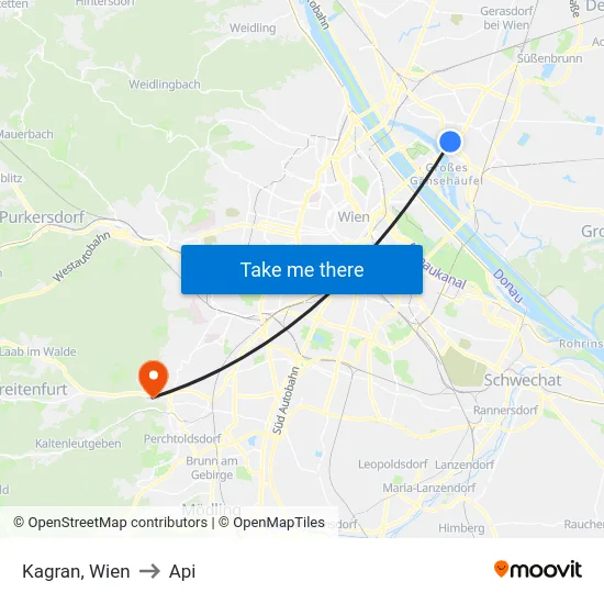 Kagran, Wien to Api map
