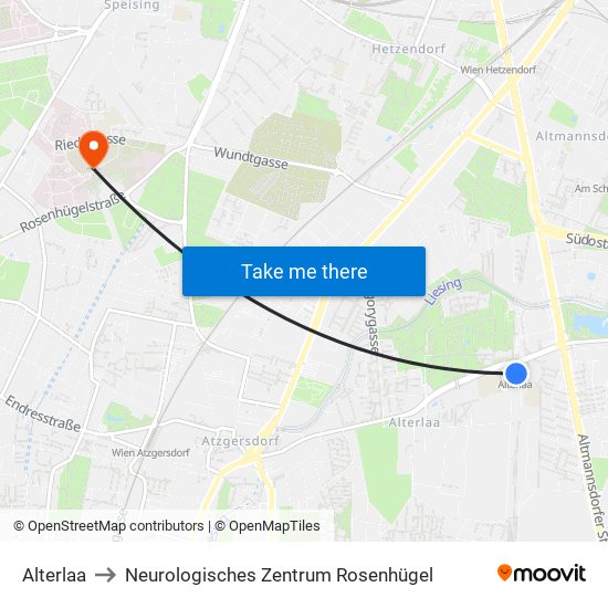 Alterlaa to Neurologisches Zentrum Rosenhügel map