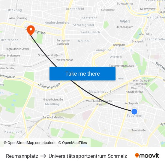 Reumannplatz to Universitätssportzentrum Schmelz map