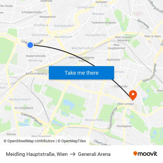 Meidling Hauptstraße, Wien to Generali Arena map