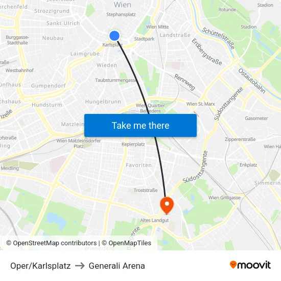 Oper/Karlsplatz to Generali Arena map