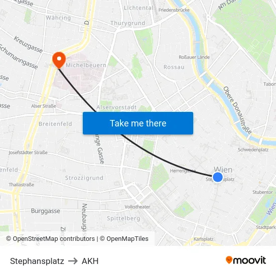 Stephansplatz to AKH map