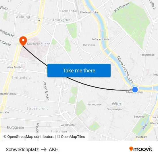 Schwedenplatz to AKH map
