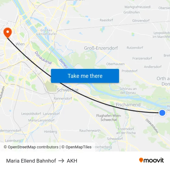 Maria Ellend Bahnhof to AKH map