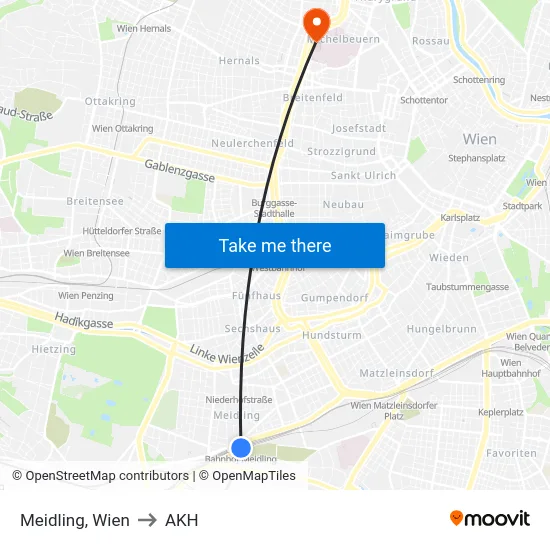 Meidling, Wien to AKH map