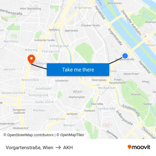 Vorgartenstraße, Wien to AKH map