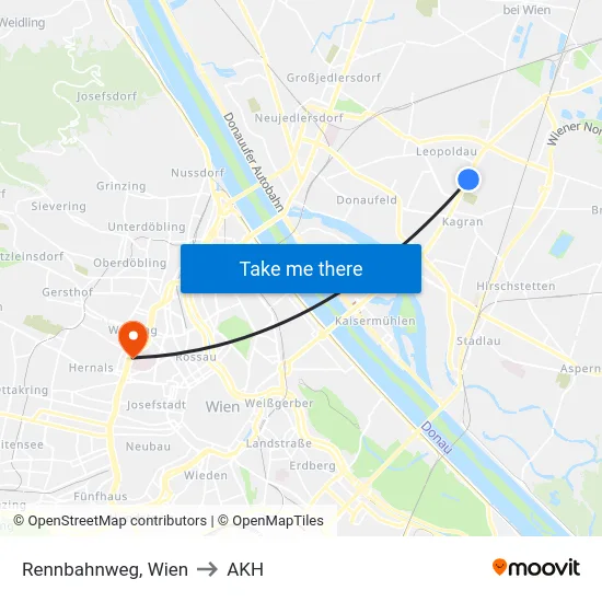 Rennbahnweg, Wien to AKH map