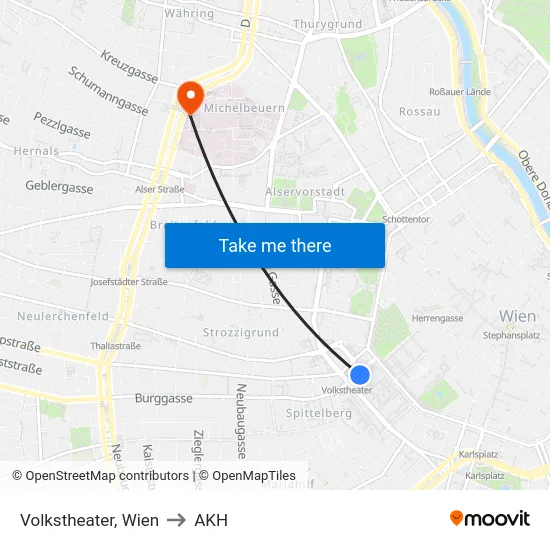 Volkstheater, Wien to AKH map
