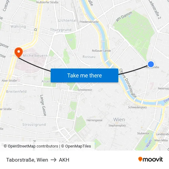 Taborstraße, Wien to AKH map