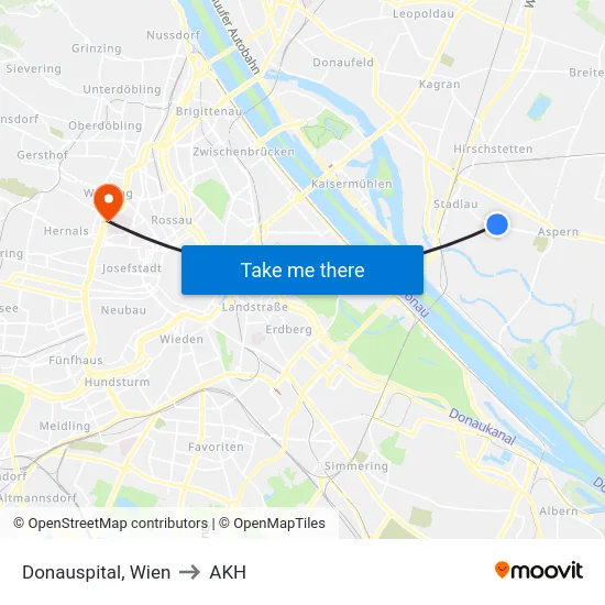 Donauspital, Wien to AKH map