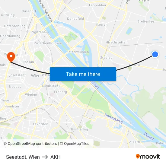 Seestadt, Wien to AKH map