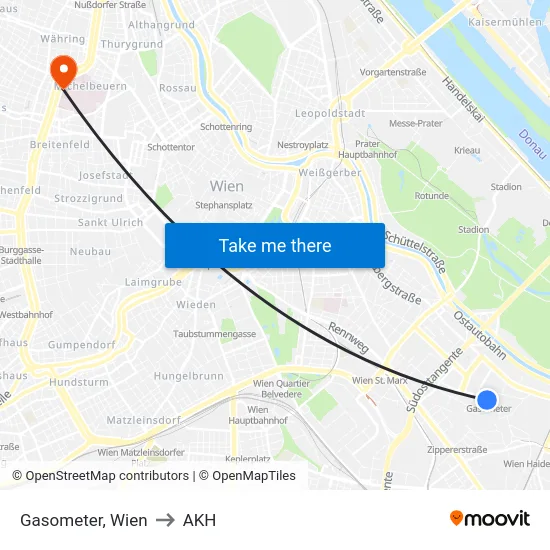 Gasometer, Wien to AKH map