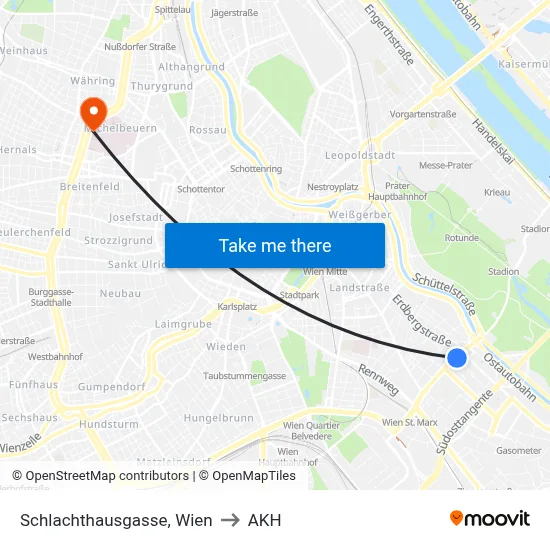 Schlachthausgasse, Wien to AKH map