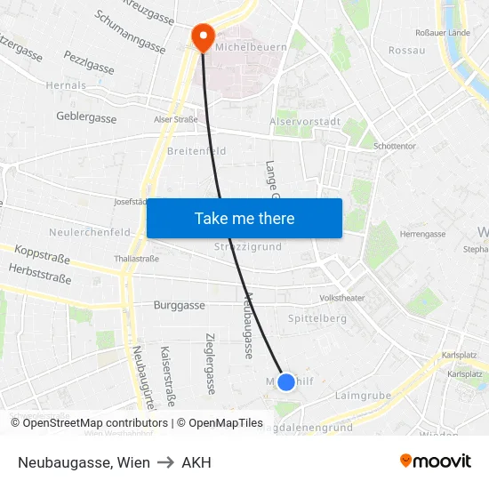 Neubaugasse, Wien to AKH map