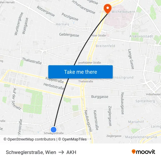 Schweglerstraße, Wien to AKH map