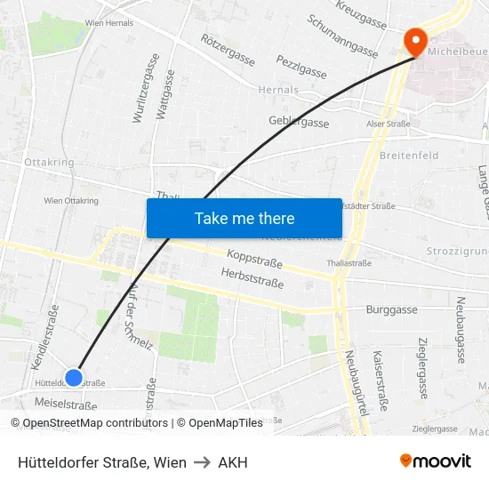 Hütteldorfer Straße, Wien to AKH map