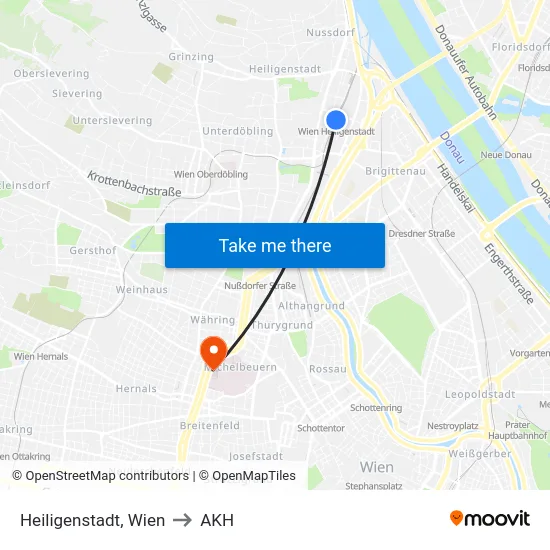 Heiligenstadt, Wien to AKH map