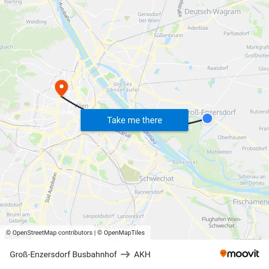 Groß-Enzersdorf Busbahnhof to AKH map