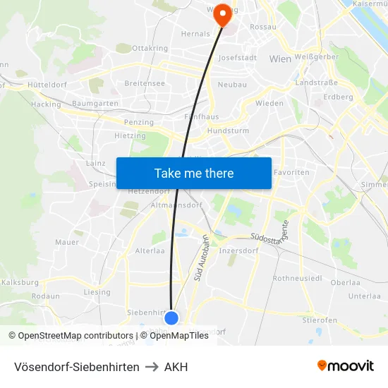 Vösendorf-Siebenhirten to AKH map